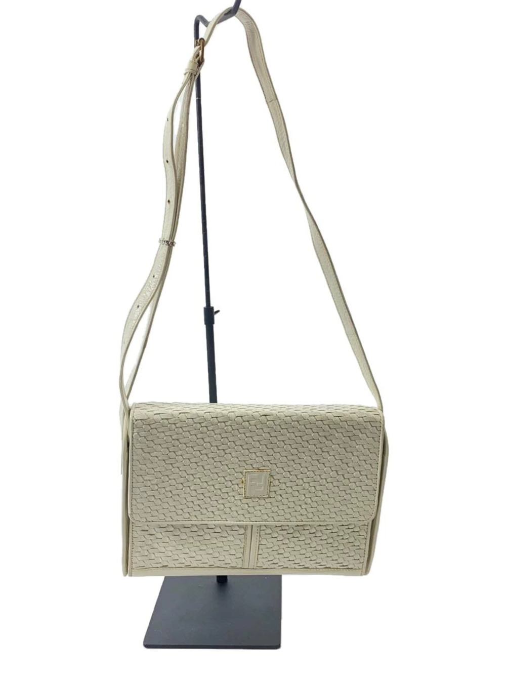 Fendi woven leather shoulder bag signature FF logo flap White